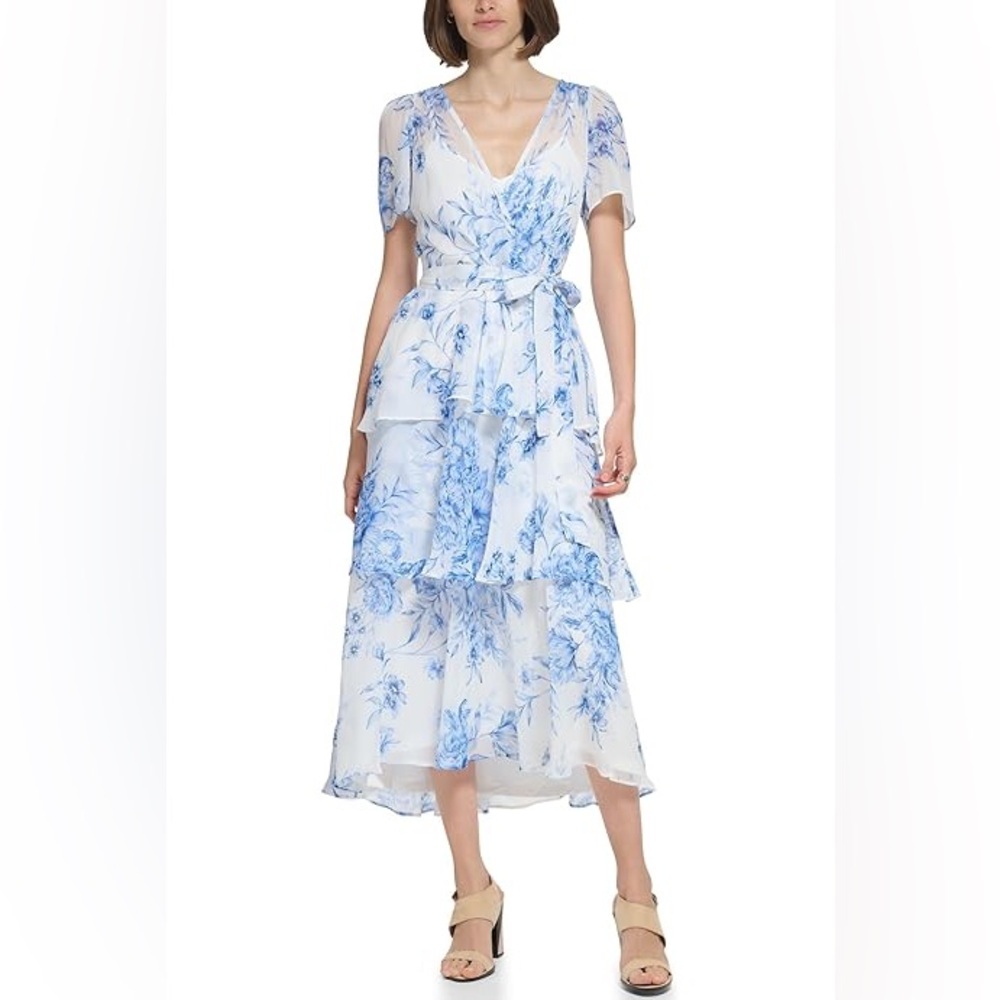 NWT Calvin Klein Midi Chiffon Dress with Pleated Skirt